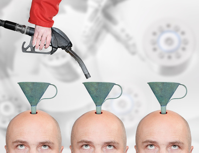 Hairless men's heads with funnels and fuel nozzle. Production line for education or brainwashing.